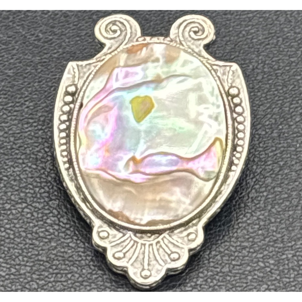 Abalone Brooch Silver Tone Iridescent Ornate Victorian Style Scroll Pin